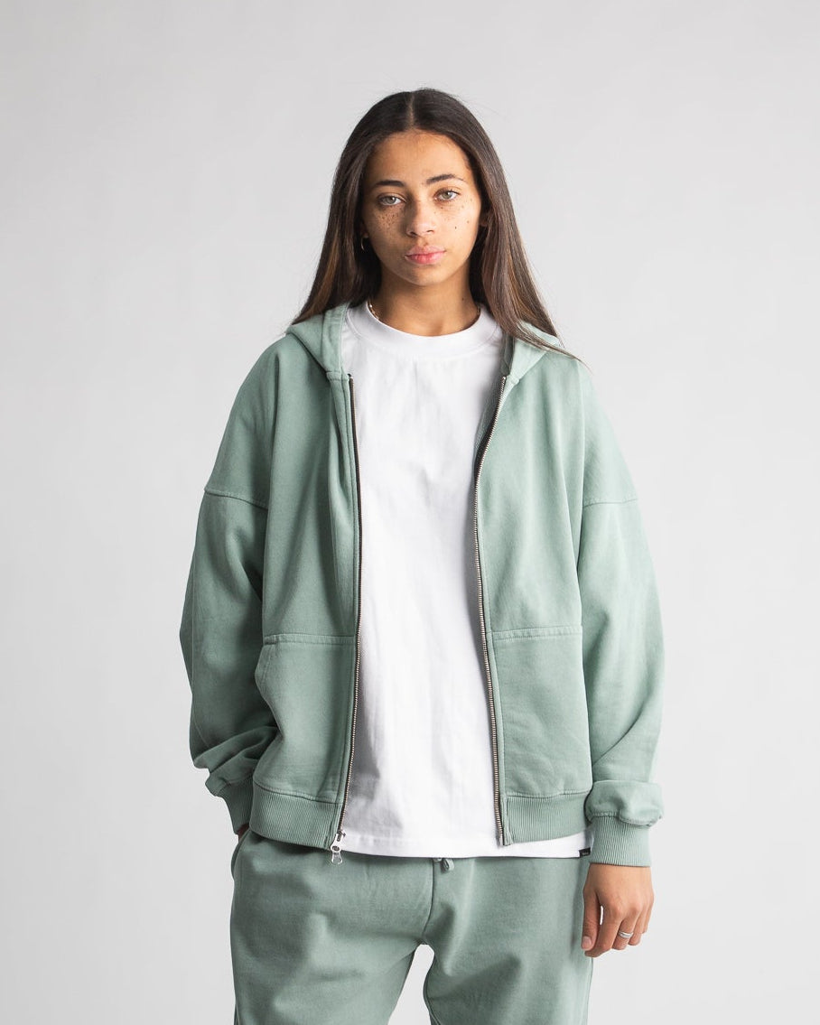 Drop Shoulder Zip Hoodie - Vintage Sage