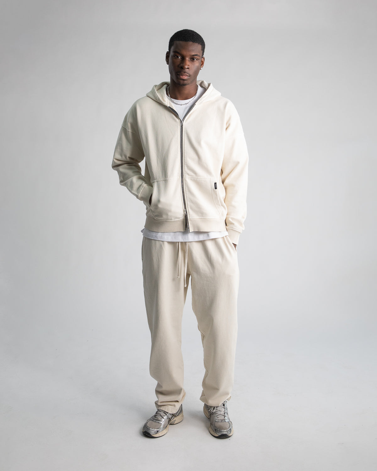 Drop Shoulder Zip Hoodie - Vintage Bone