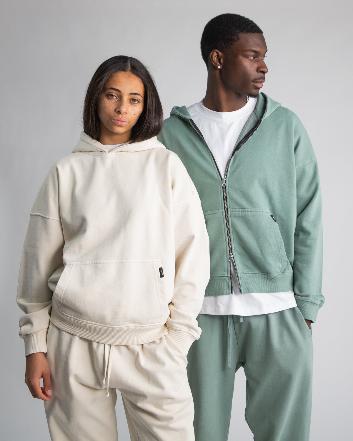 Drop Shoulder Zip Hoodie - Vintage Sage
