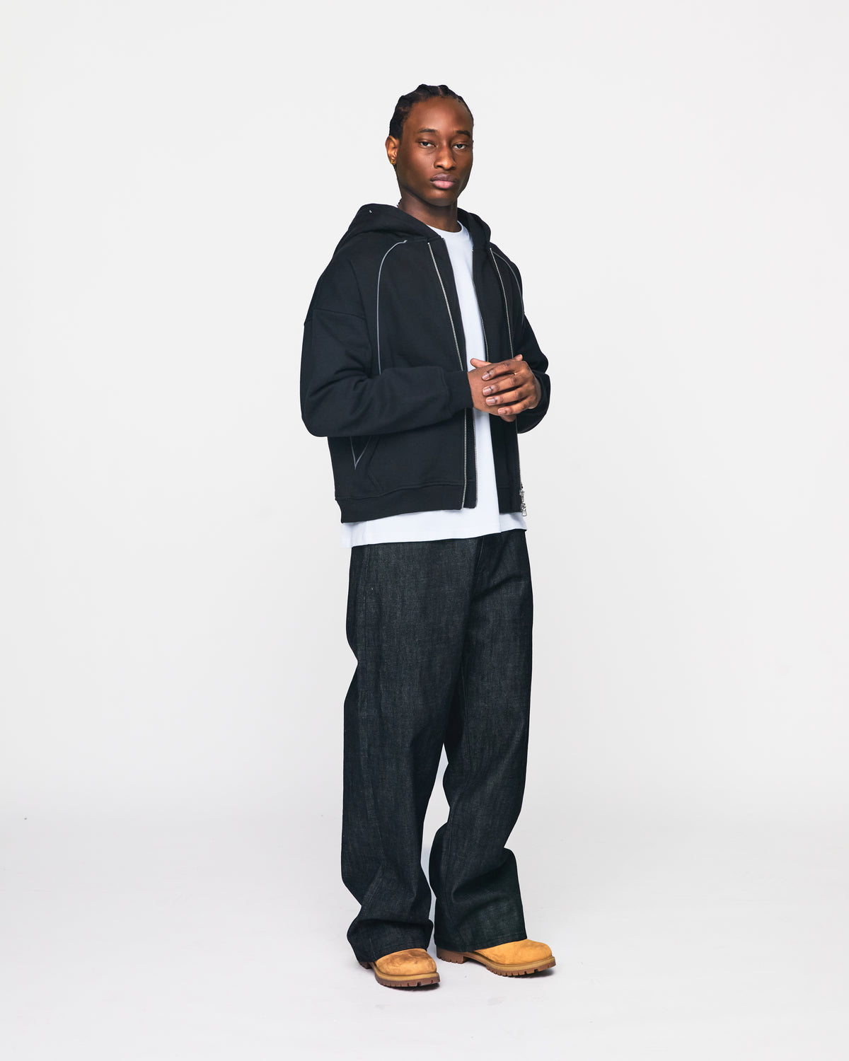 Double Layer Zip Hoodie - Black