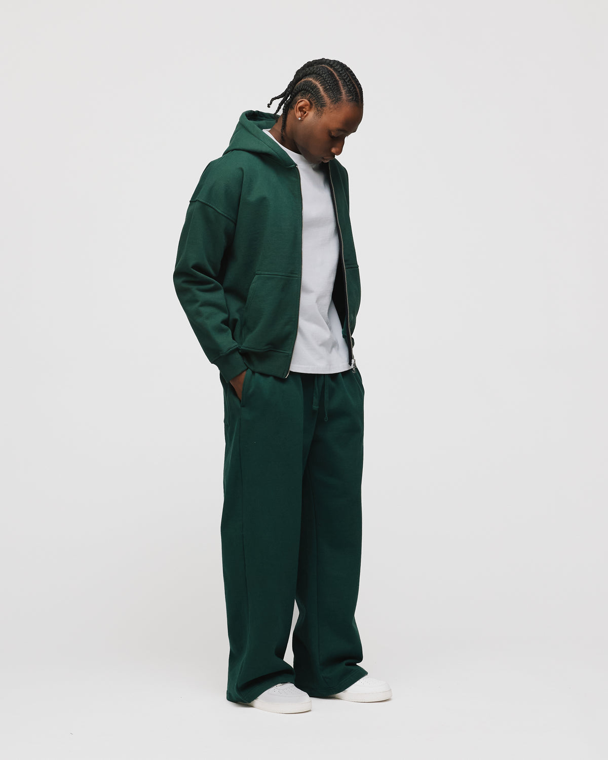 Drop Shoulder Zip Hoodie - Forest Green