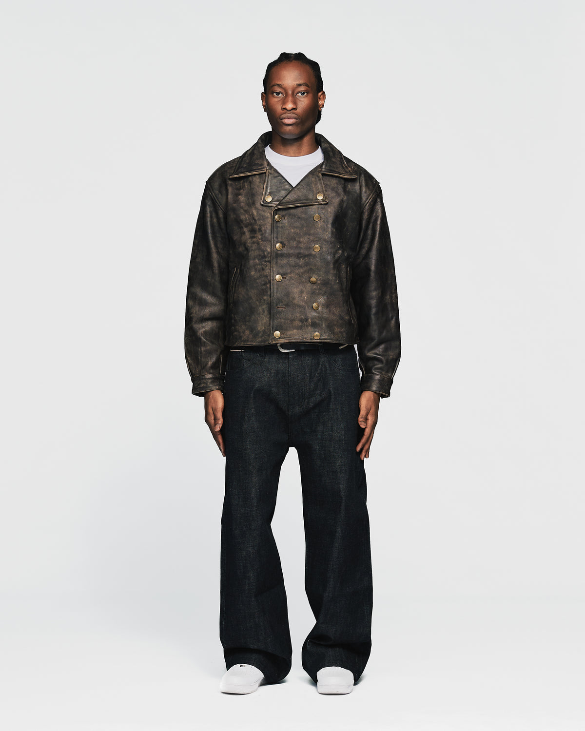 Double Breasted Leather Jacket - Vintage Black