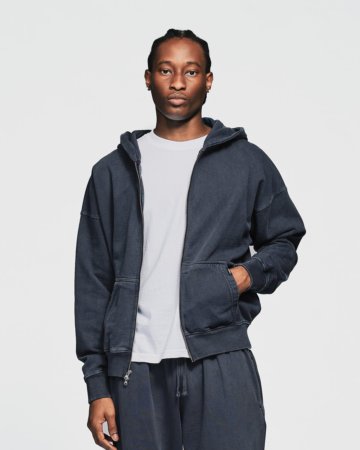 Drop Shoulder Zip Hoodie - Vintage Navy
