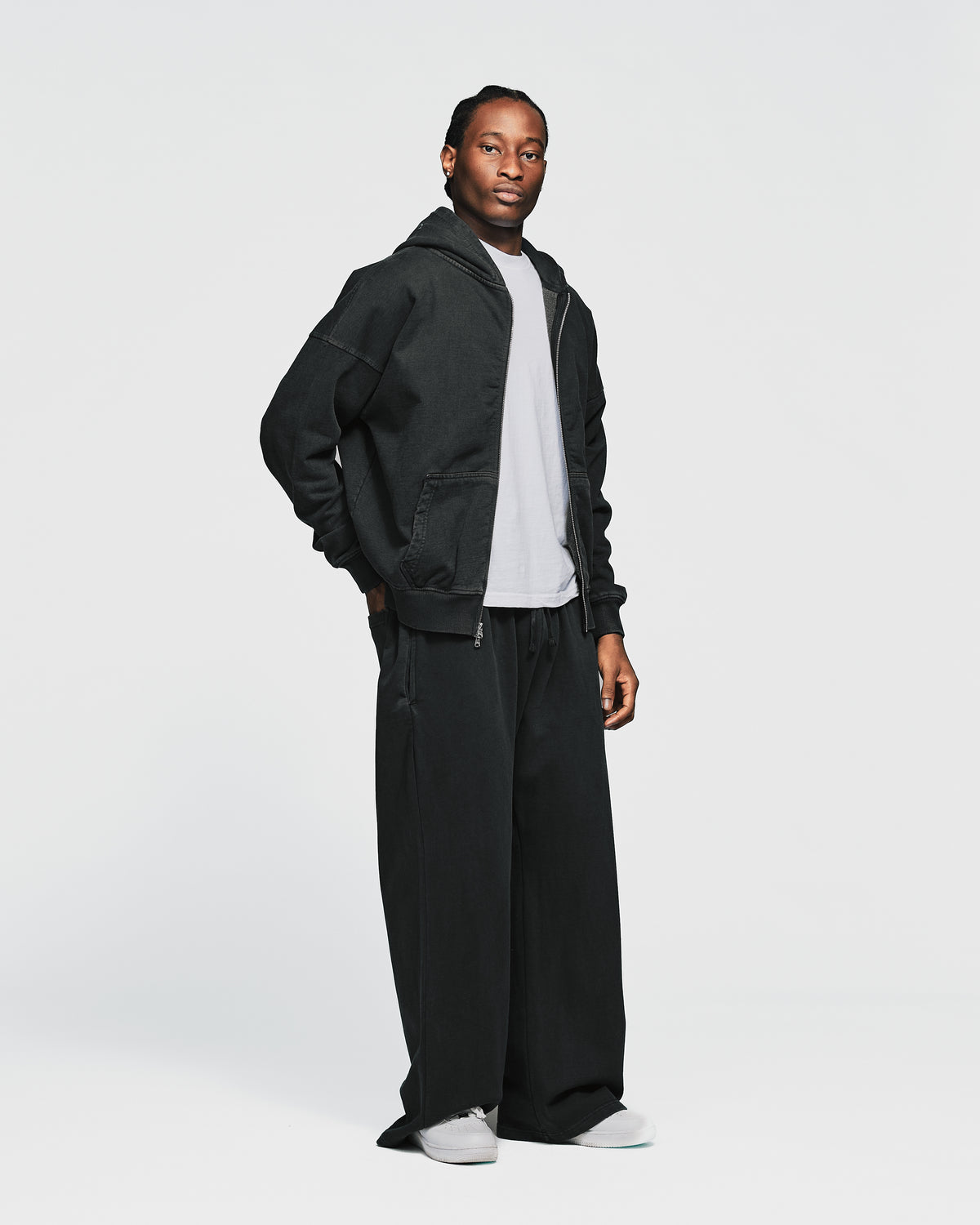 Drop Shoulder Zip Hoodie - Vintage Black