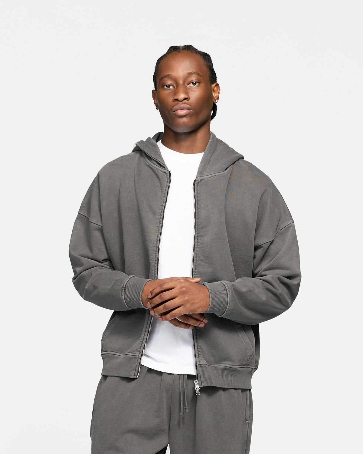 Drop Shoulder Zip Hoodie - Vintage Grey