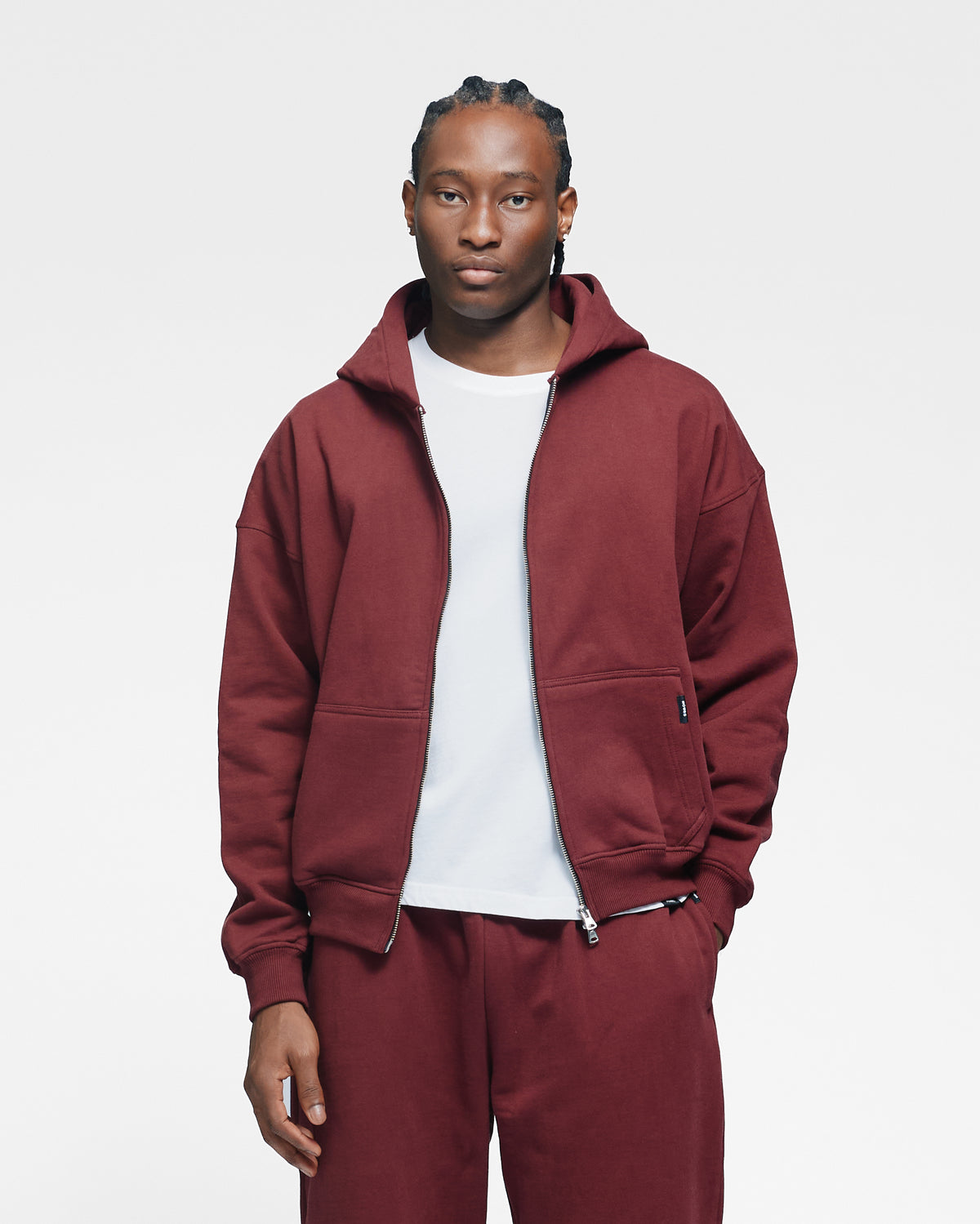 Drop Shoulder Zip Hoodie - Burgundy