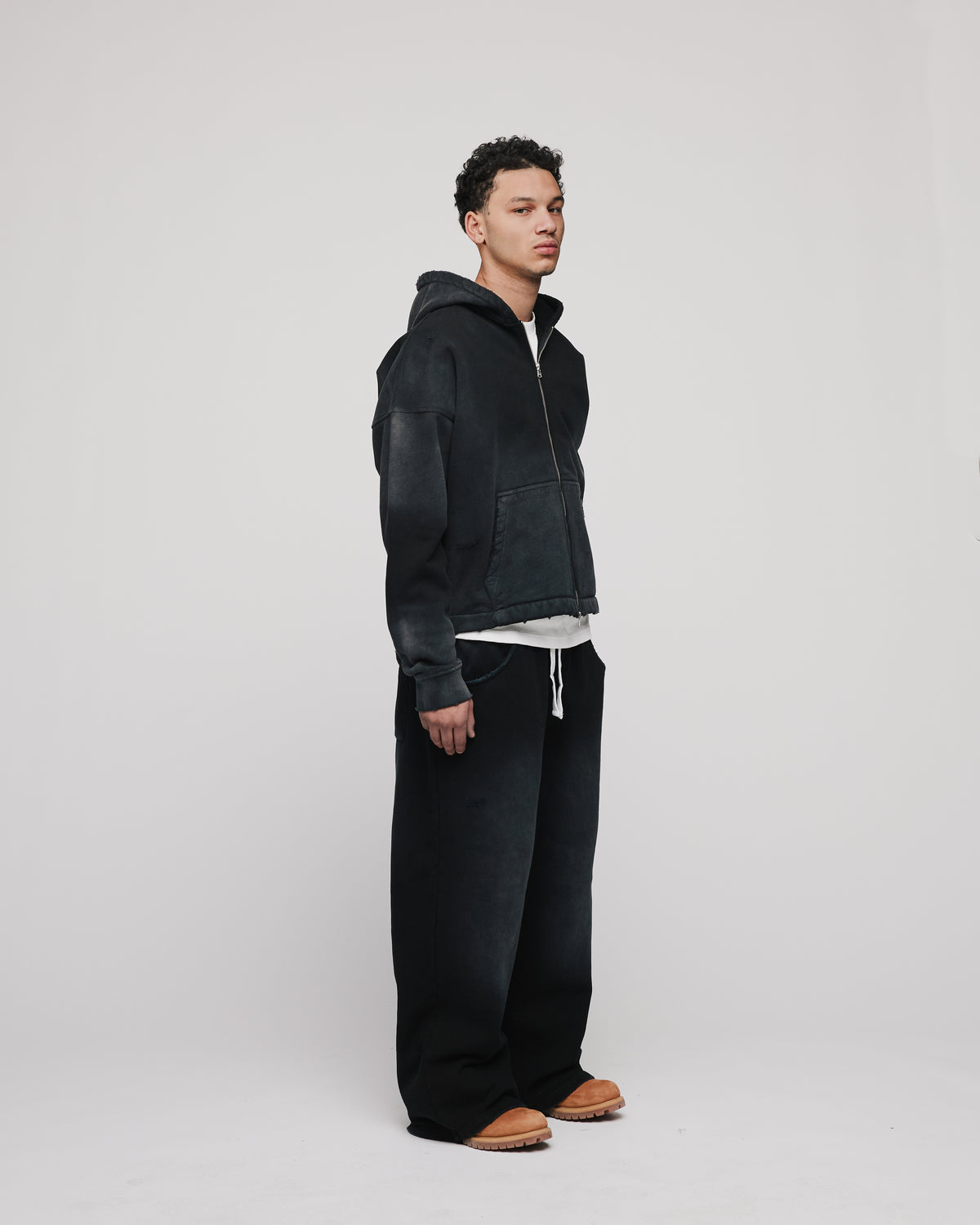 Cropped Weave Zip Hoodie - Sunfaded Black