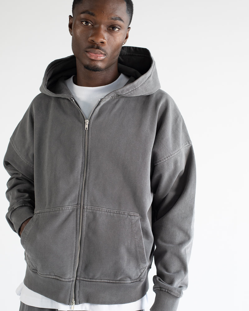 Drop Shoulder Zip Hoodie - Vintage Grey