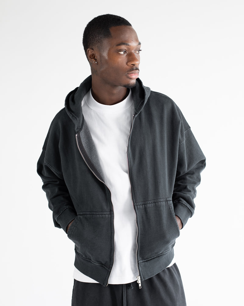 Drop Shoulder Zip Hoodie - Vintage Black