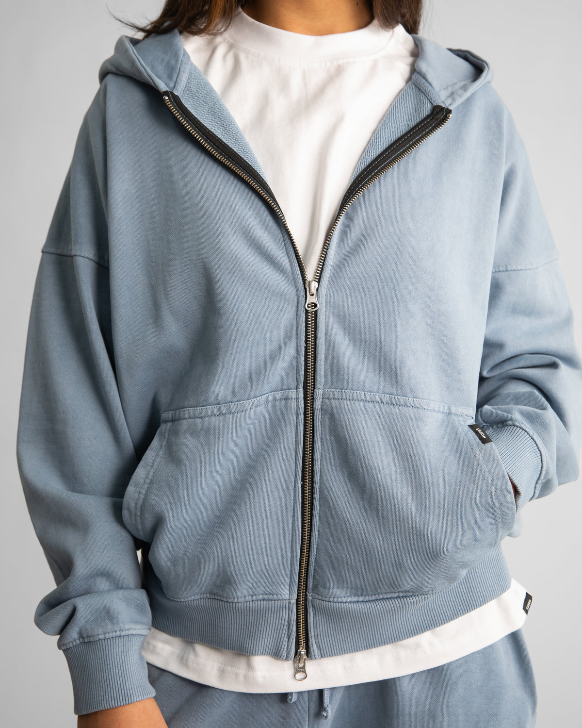 Drop Shoulder Zip Hoodie - Vintage Blue