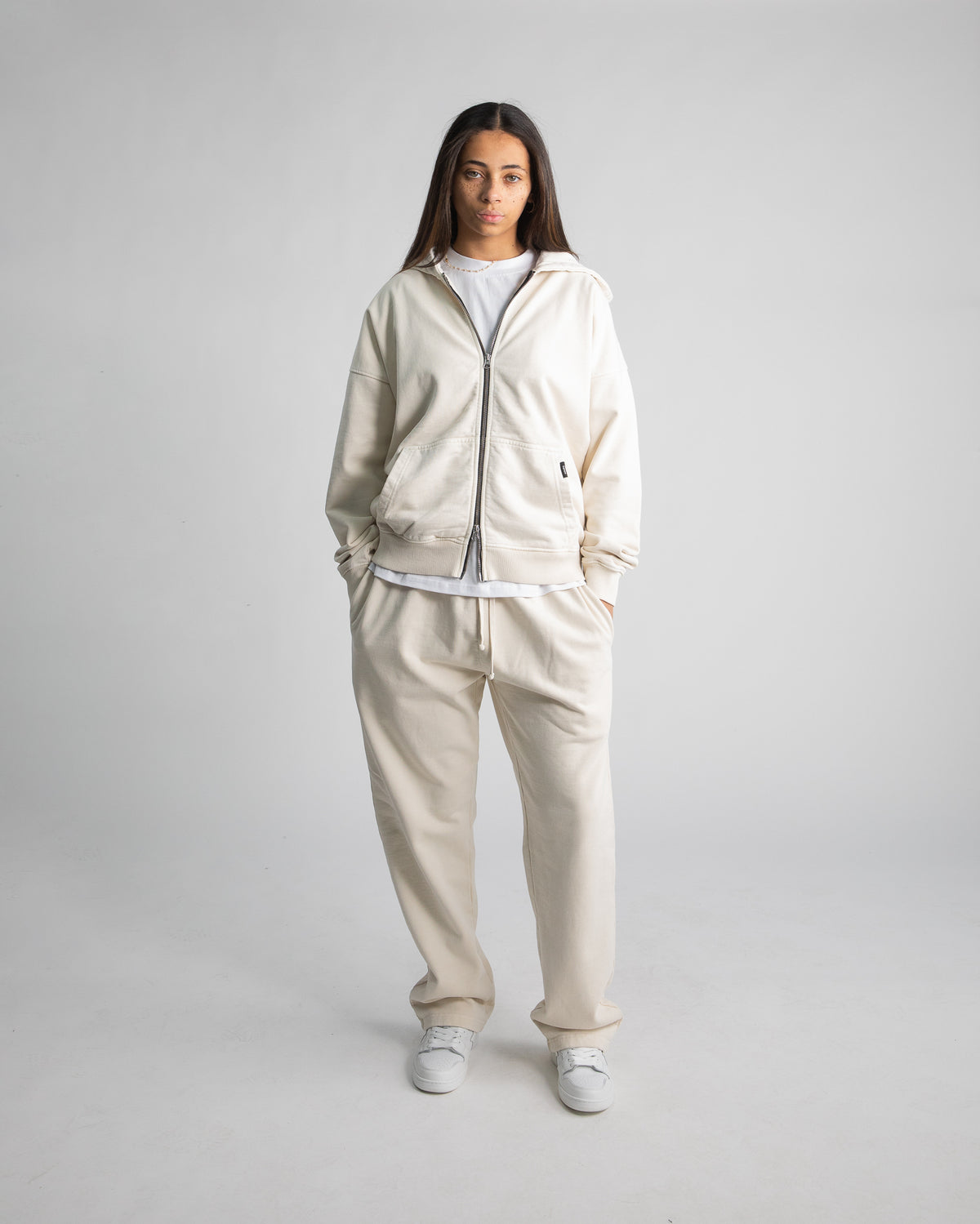 Drop Shoulder Zip Hoodie - Vintage Bone