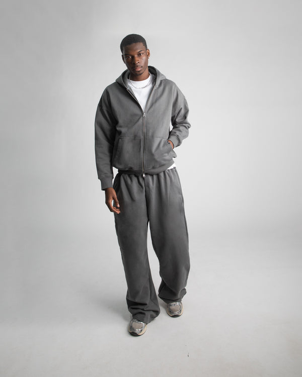 Drop Shoulder Zip Hoodie - Charcoal