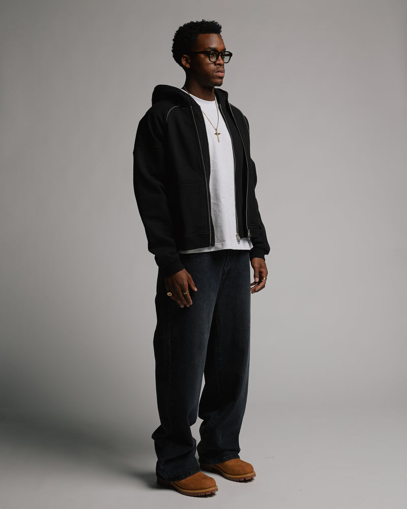Double Layer Zip Hoodie - Black