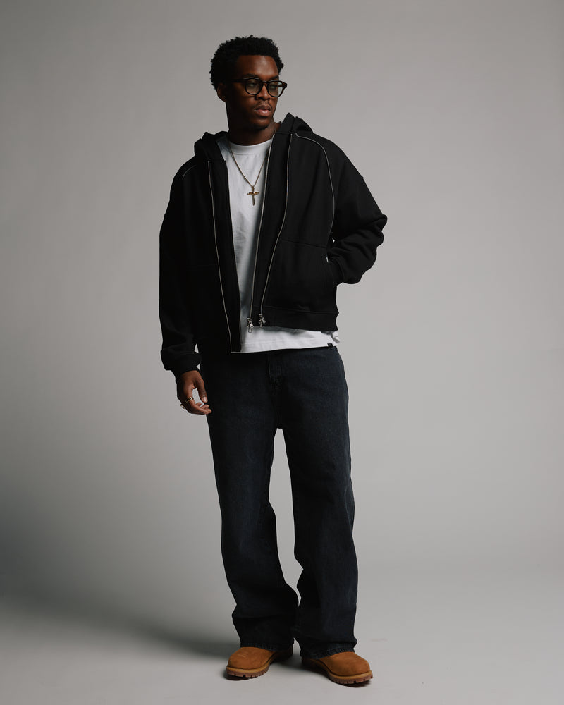 Double Layer Zip Hoodie - Black