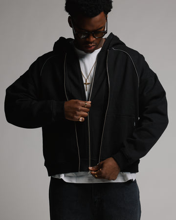 Double Layer Zip Hoodie - Black