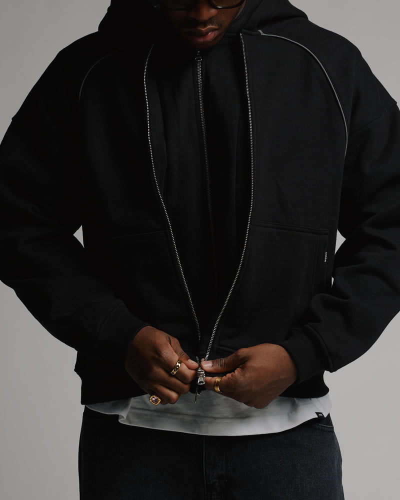 Double Layer Zip Hoodie - Black