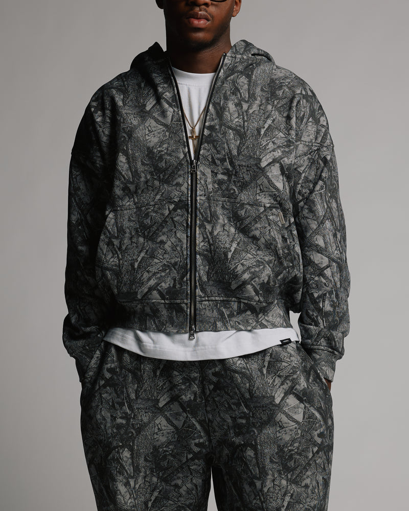 Drop Shoulder Zip Hoodie - Black Camo
