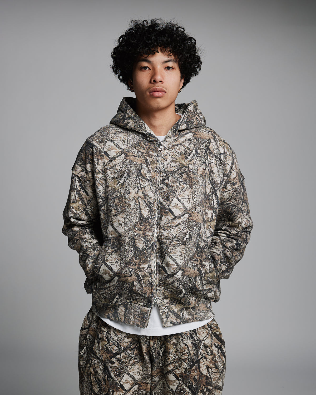 Drop Shoulder Zip Hoodie - Camo