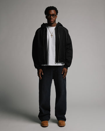 Double Layer Zip Hoodie - Black