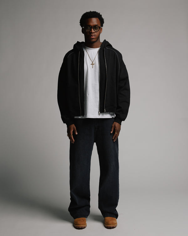 Double Layer Zip Hoodie - Black