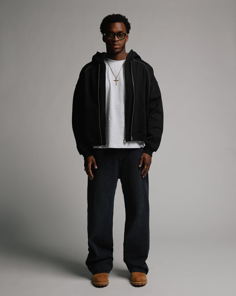 Double Layer Zip Hoodie - Black