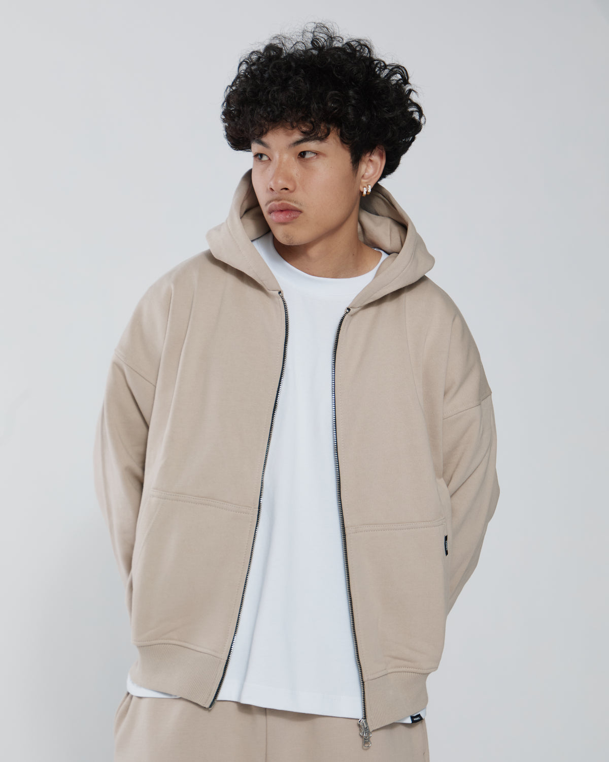 Drop Shoulder Zip Hoodie - Desert