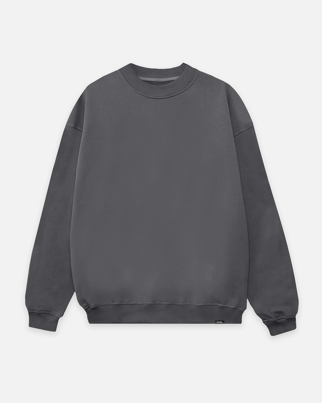 Charcoal drop-shoulder crewneck sweatshirt with shoulder seams positioned down the upper arms