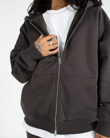 Drop Shoulder Zip Hoodie - Espresso