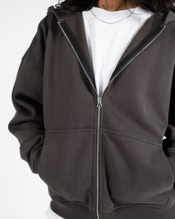 Drop Shoulder Zip Hoodie - Espresso