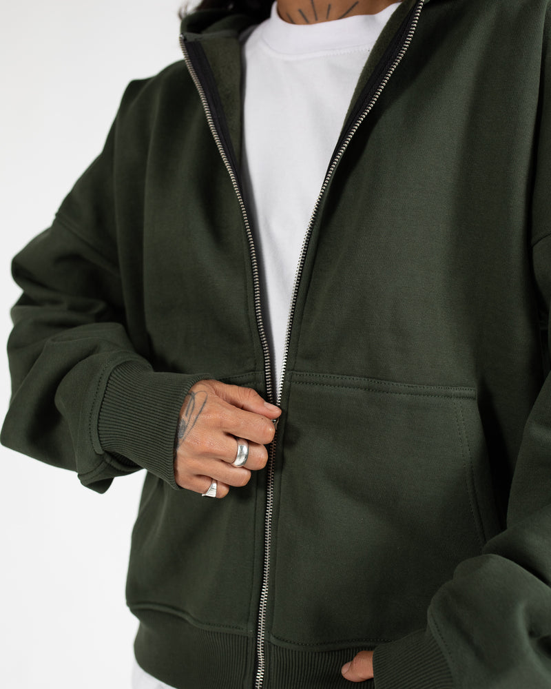 Drop Shoulder Zip Hoodie - Olive