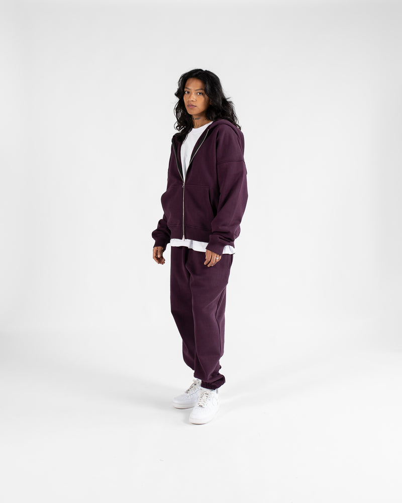 Drop Shoulder Zip Hoodie - Wine