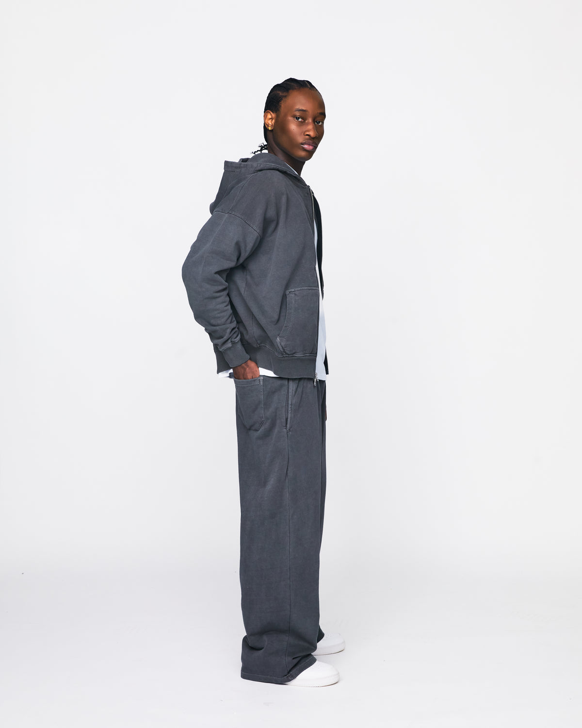 Drop Shoulder Zip Hoodie - Vintage Grey