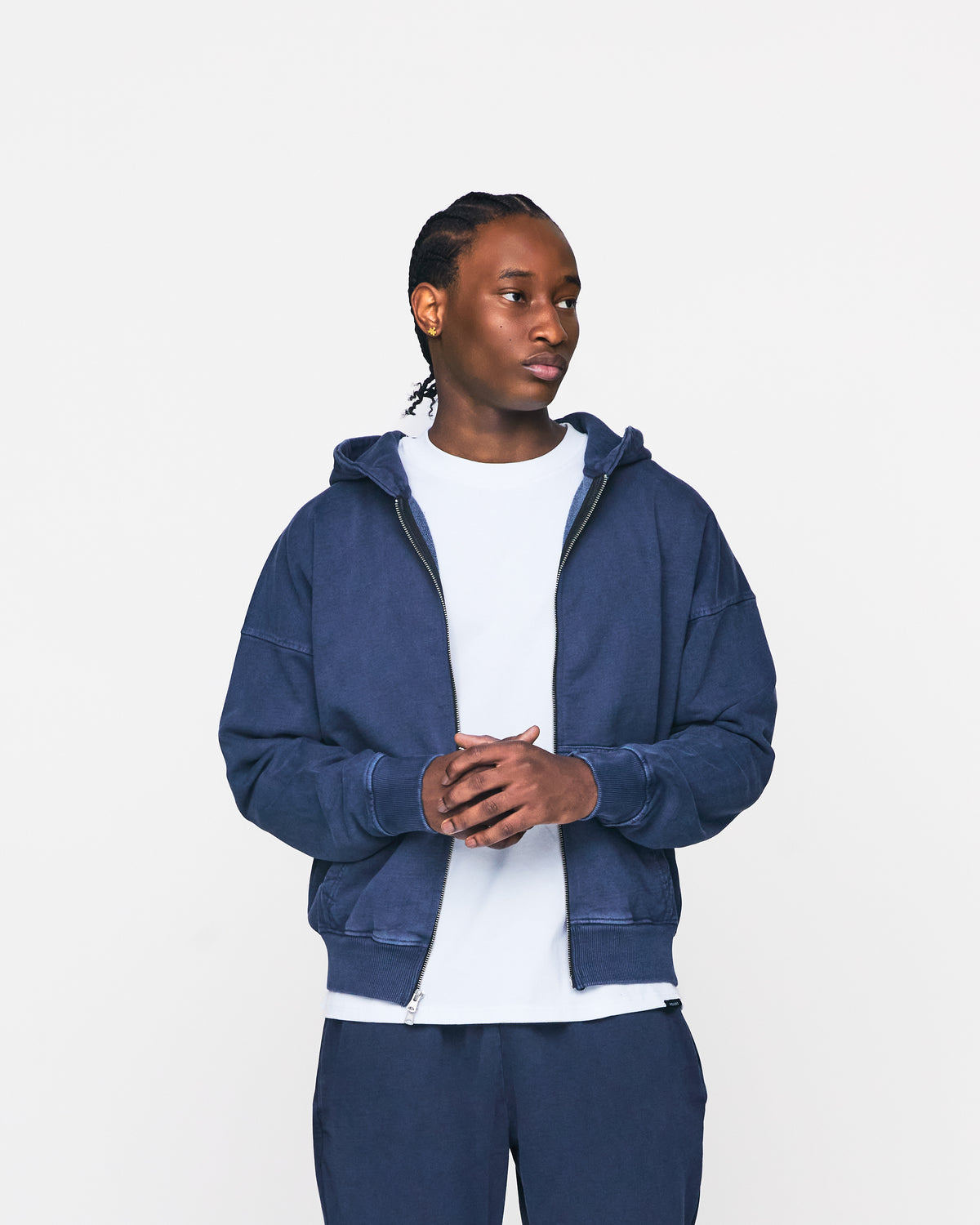 Drop Shoulder Zip Hoodie - Vintage Navy