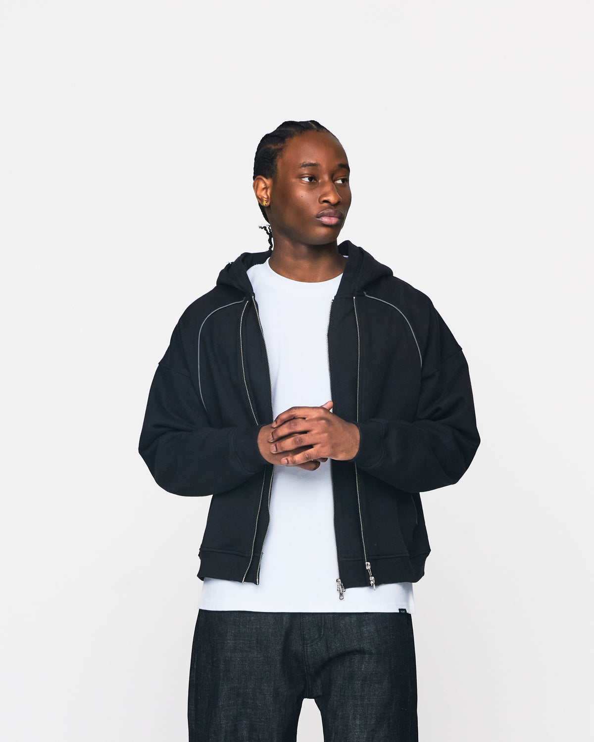 Double Layer Zip Hoodie - Black