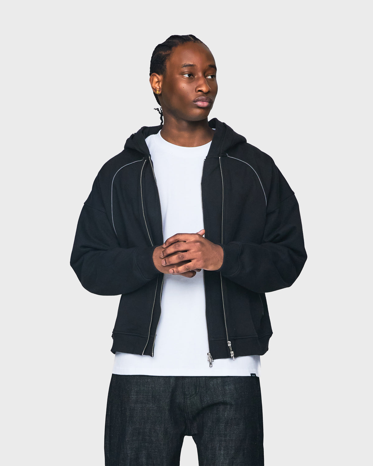 Double Layer Zip Hoodie - Black