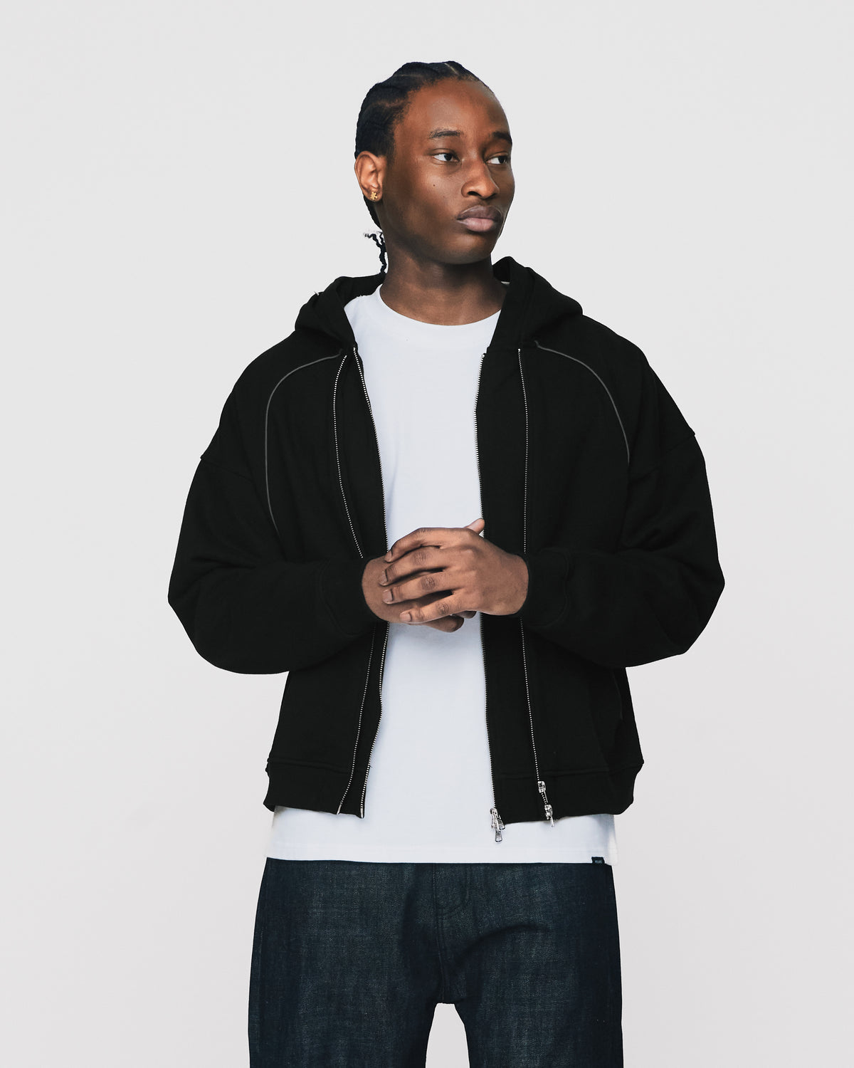 Double Layer Zip Hoodie - Black