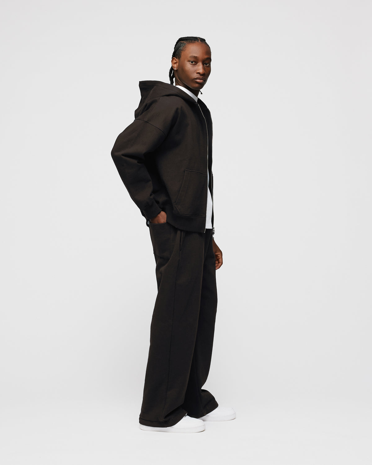 Drop Shoulder Zip Hoodie - Espresso