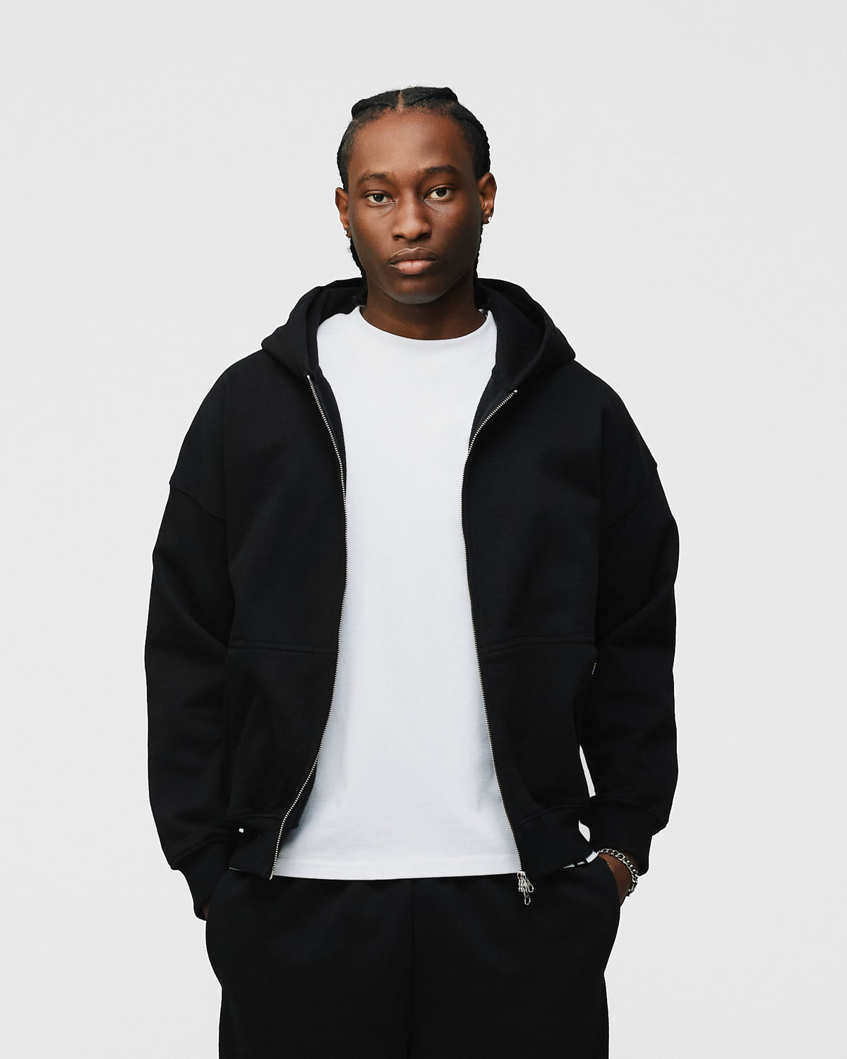Drop Shoulder Zip Hoodie - Black
