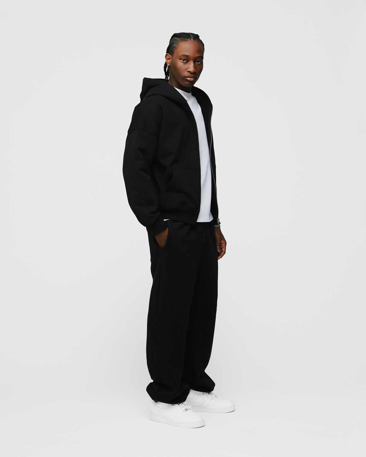 Drop Shoulder Zip Hoodie - Black