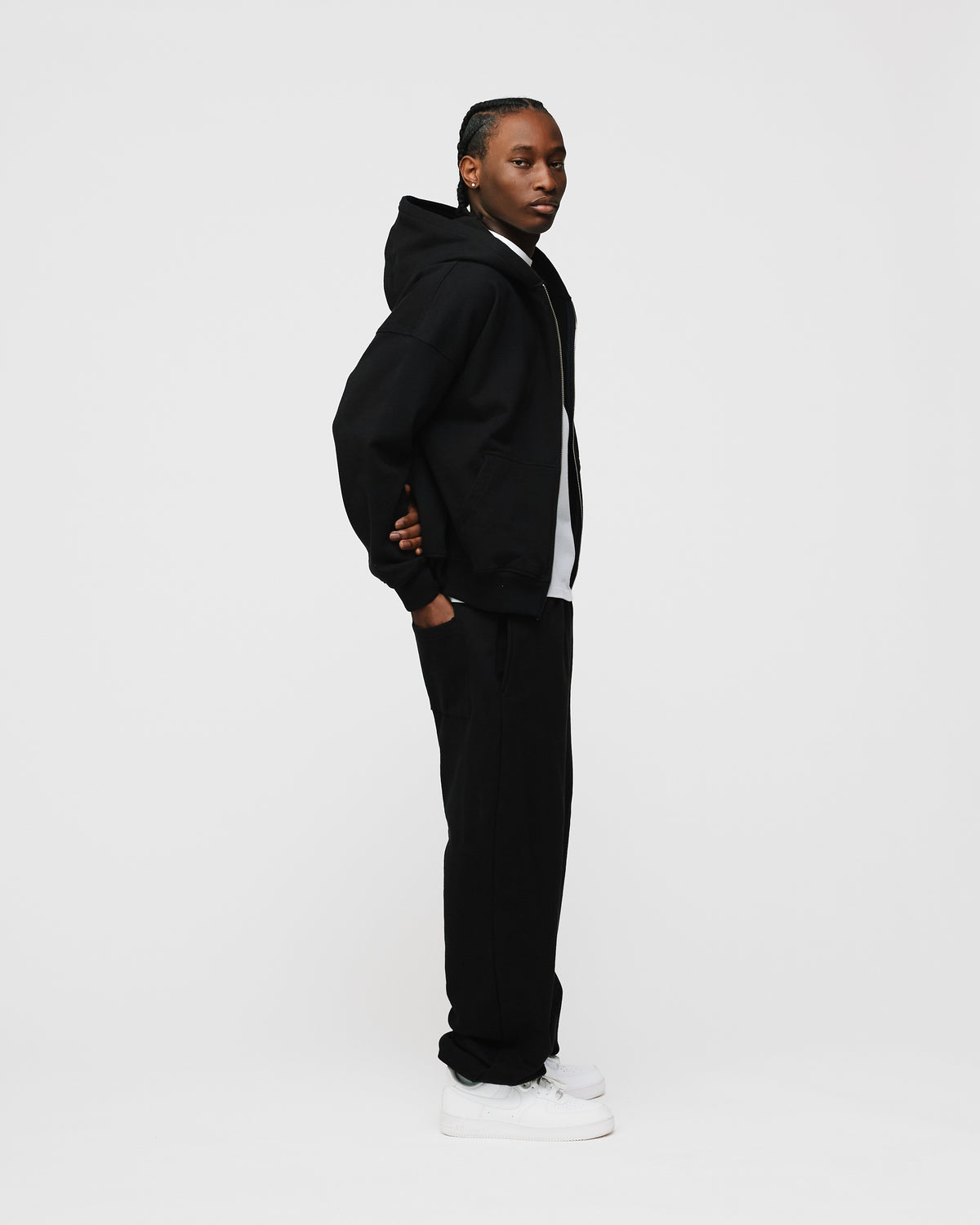 Drop Shoulder Zip Hoodie - Black