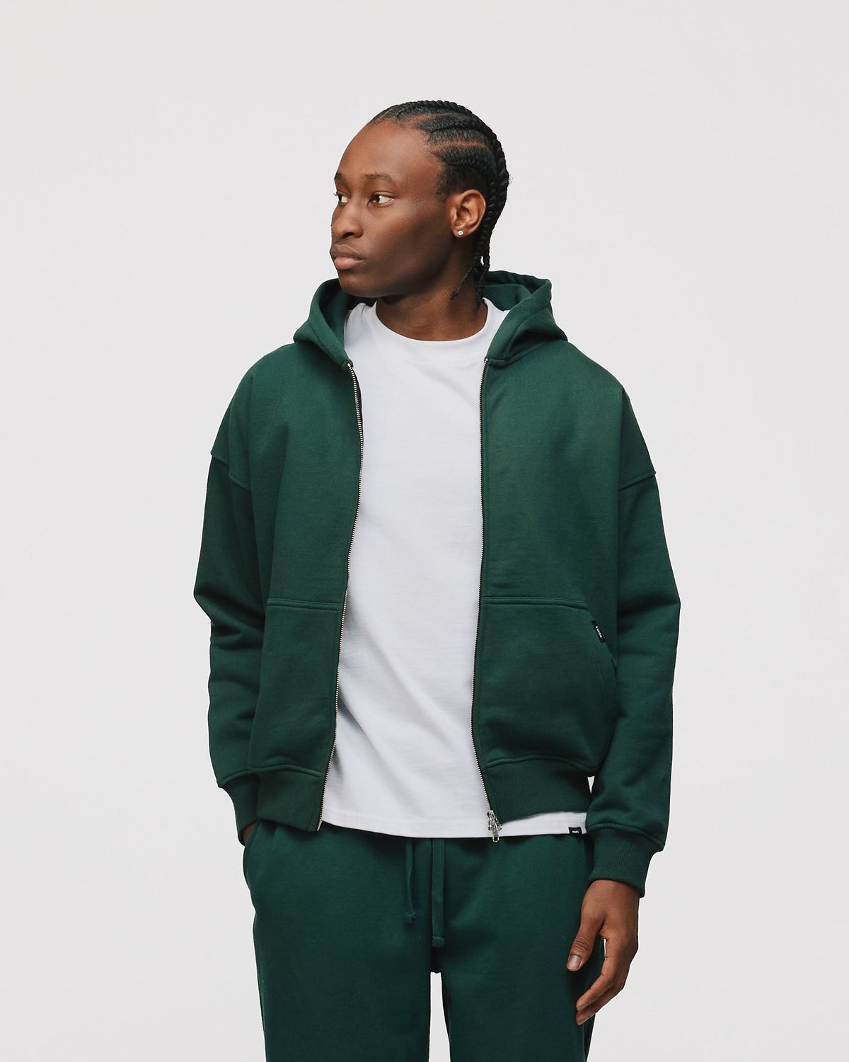 Drop Shoulder Zip Hoodie - Forest Green
