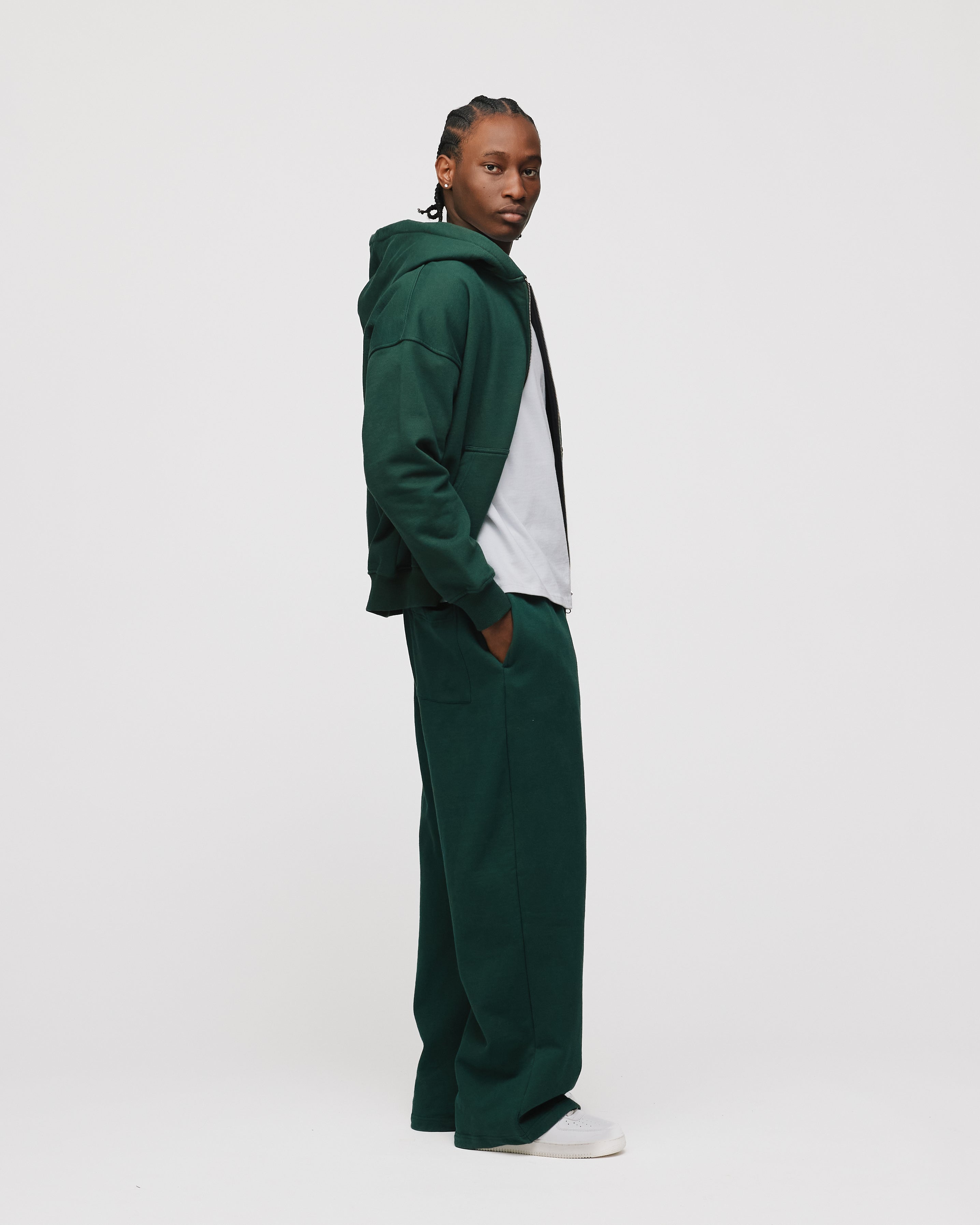 Drop Shoulder Zip Hoodie - Forest Green