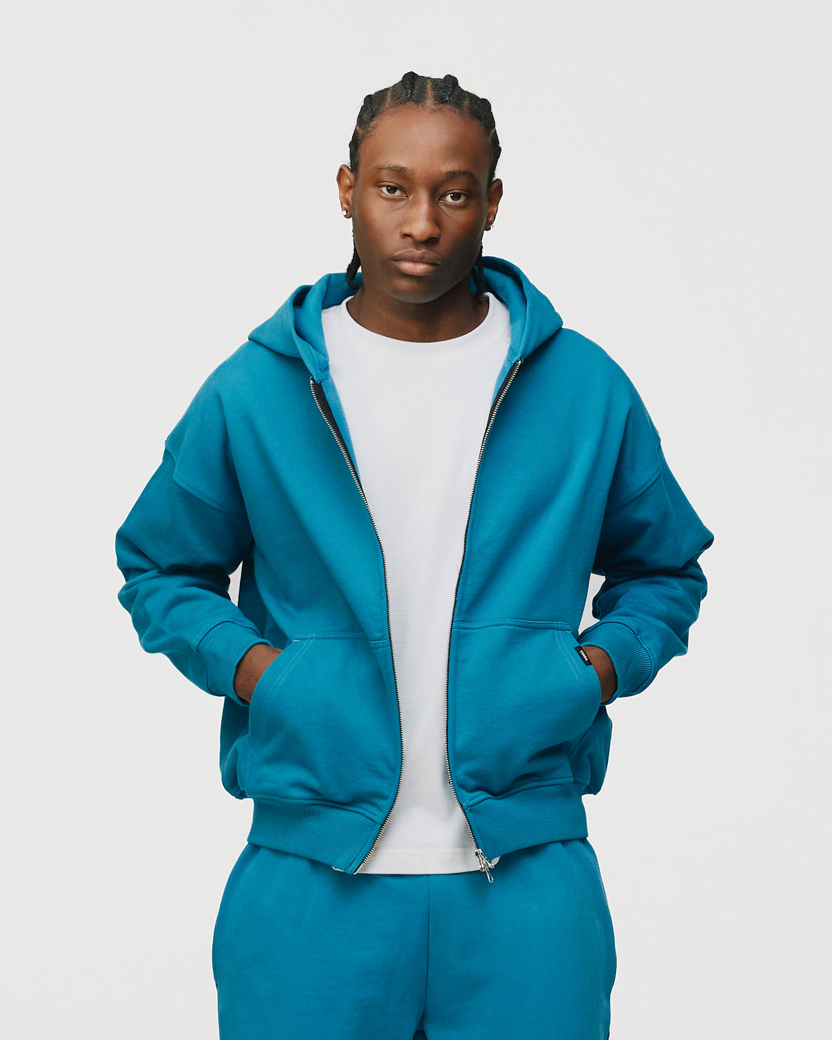 Drop Shoulder Zip Hoodie - Aqua