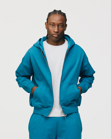 Drop Shoulder Zip Hoodie - Aqua