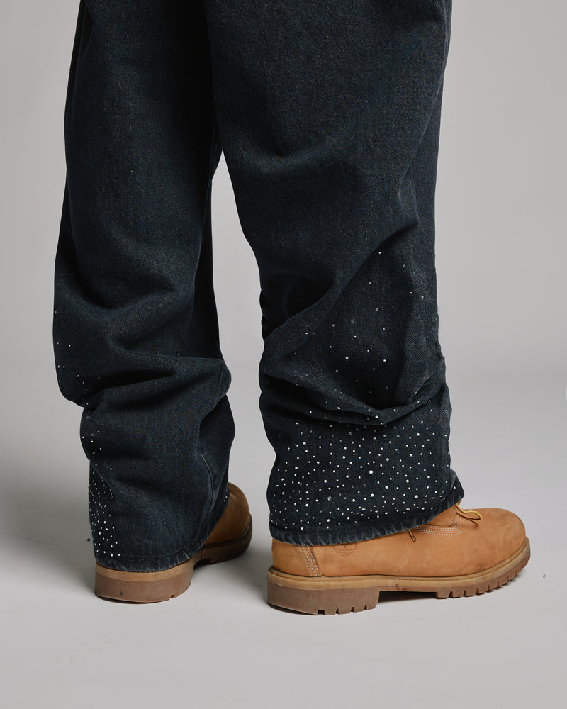 Rhinestone Baggy Denim - Washed Black
