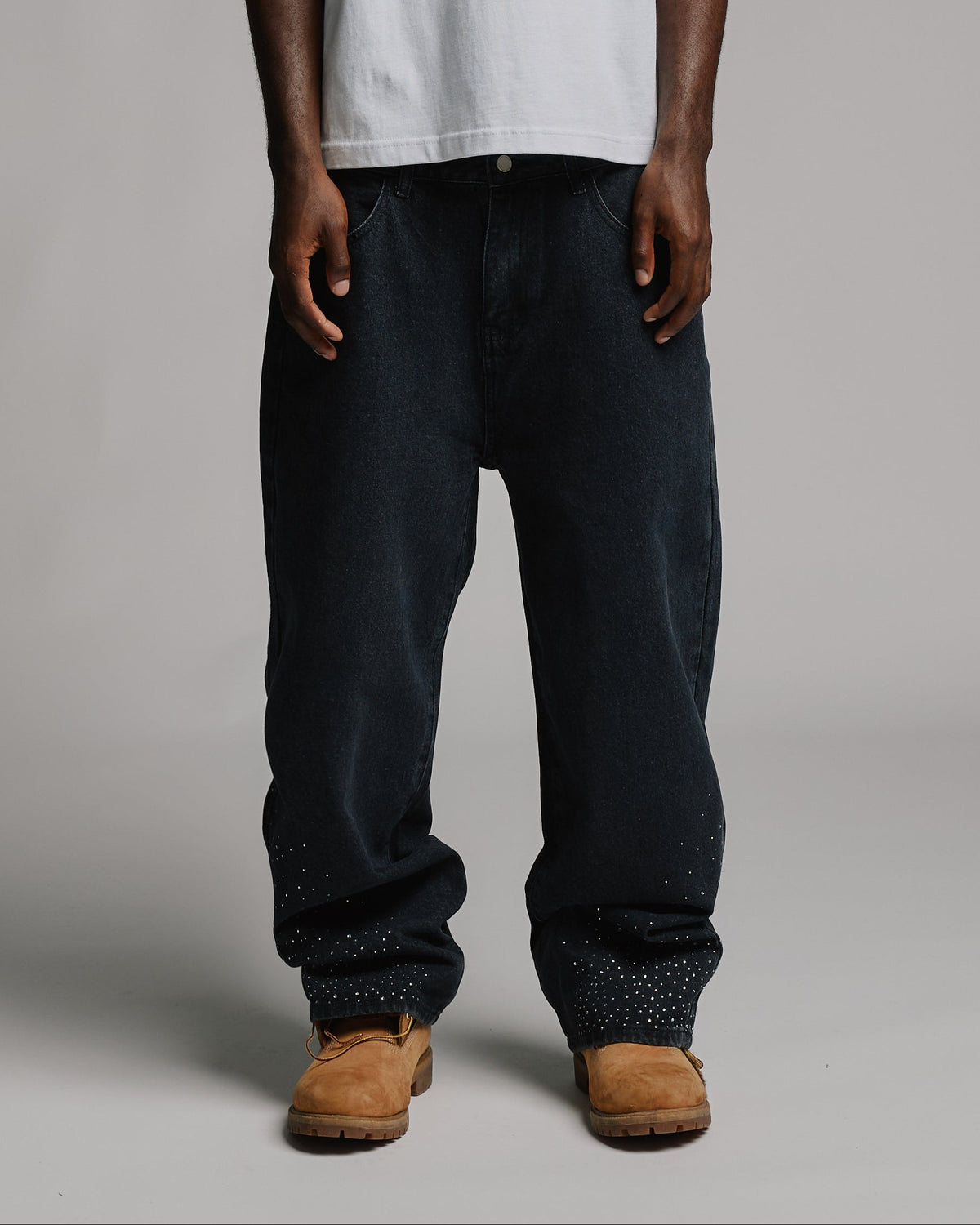Rhinestone Baggy Denim - Washed Black