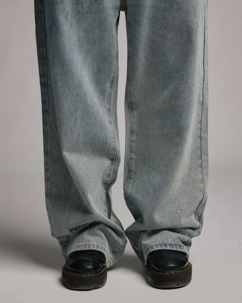 Rhinestone Baggy Denim - Washed Blue