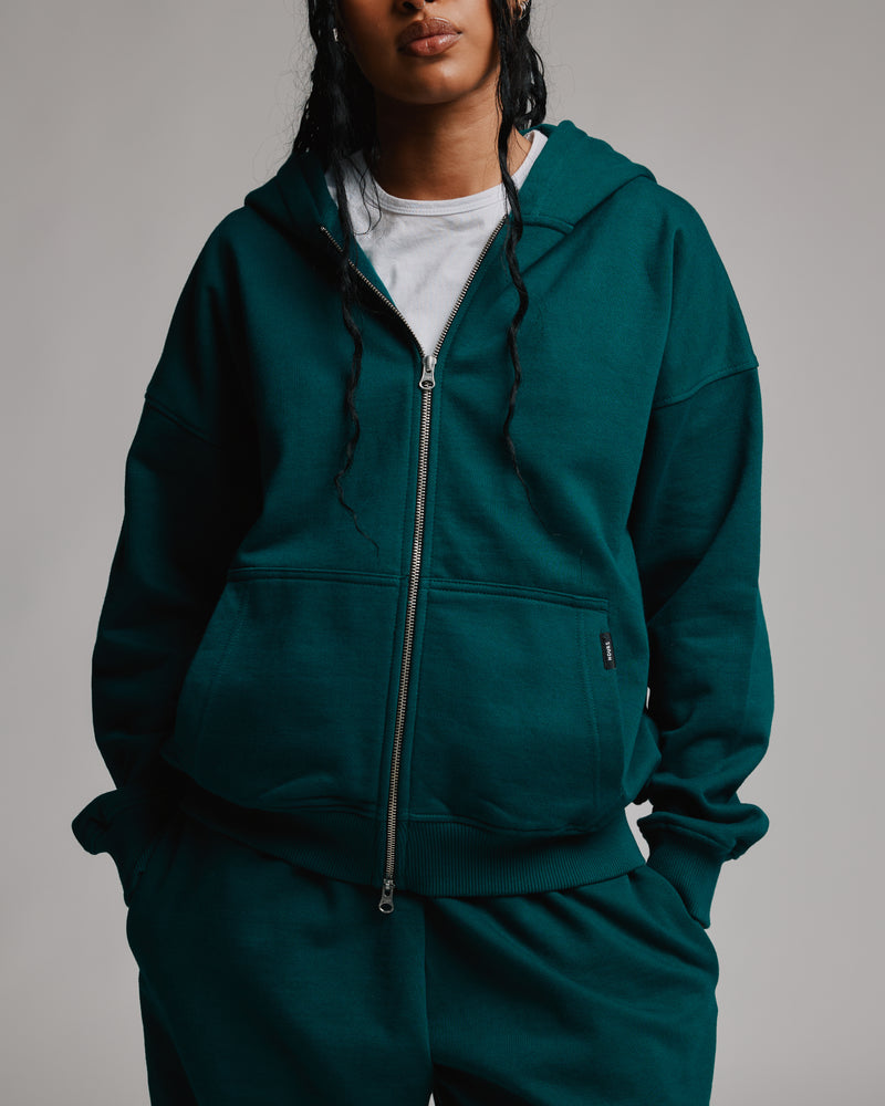 Drop Shoulder Zip Hoodie - Teal
