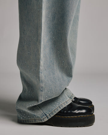 Rhinestone Baggy Denim - Washed Blue