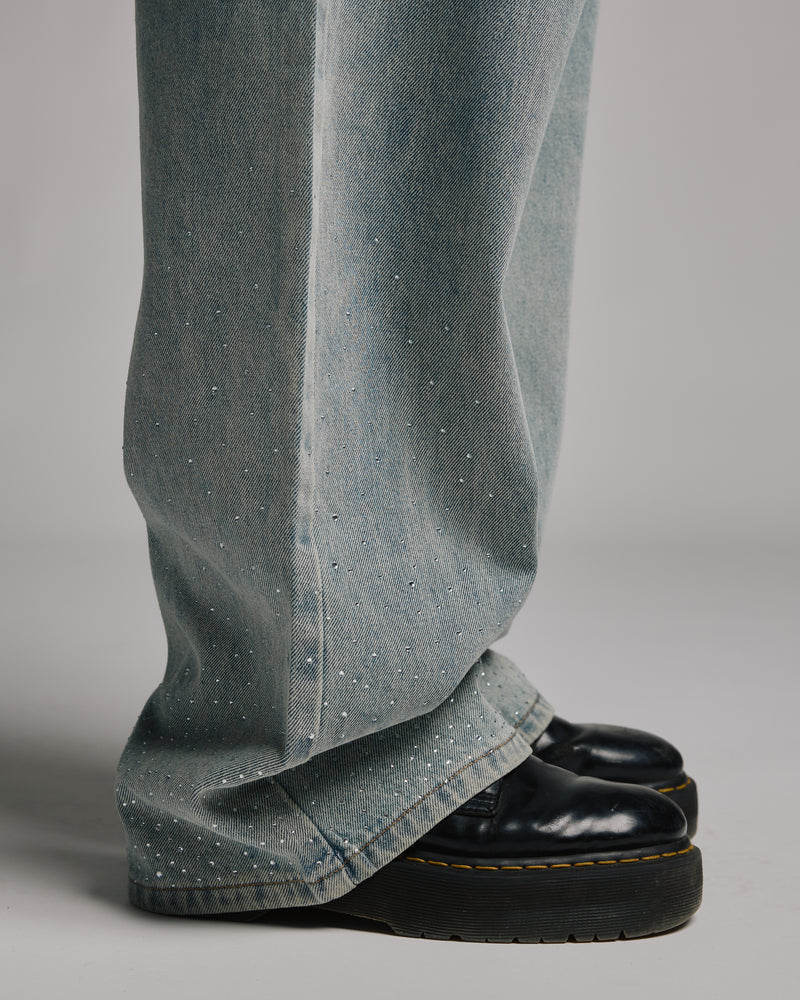 Rhinestone Baggy Denim - Washed Blue